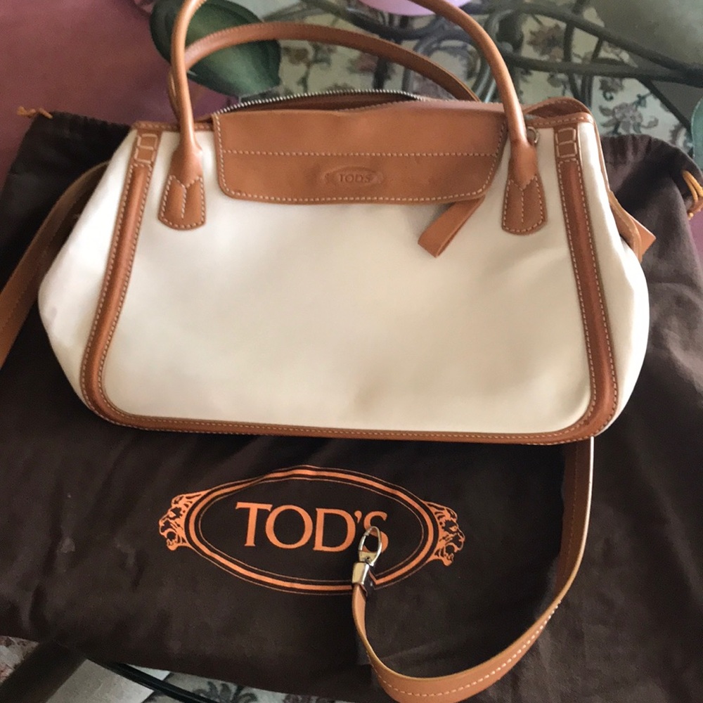 Tod’s tan leather and treated canvas handbag